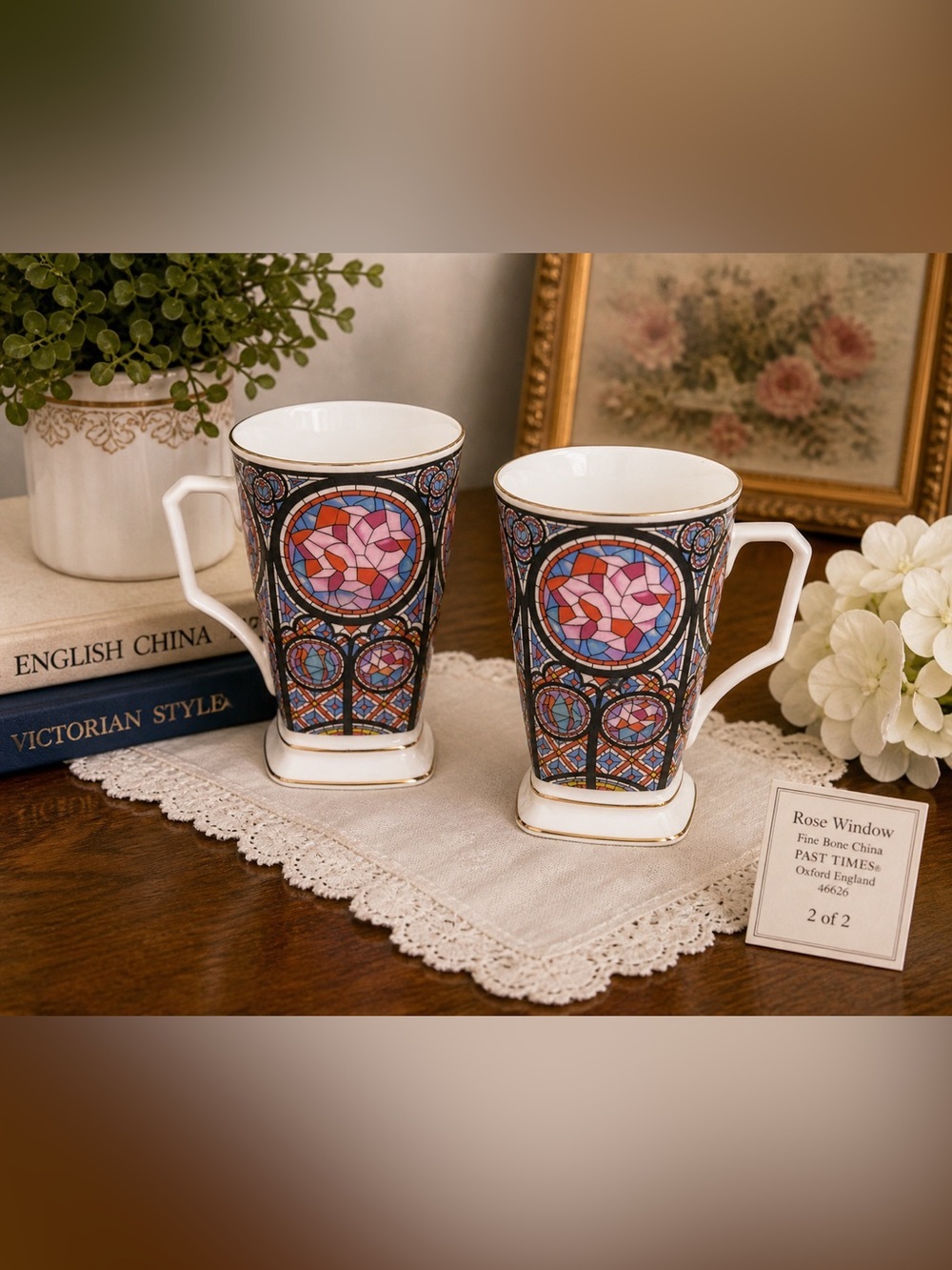 Past Times Rose Window Fine Bone China Mug Set | Oxford England | Stained Glass